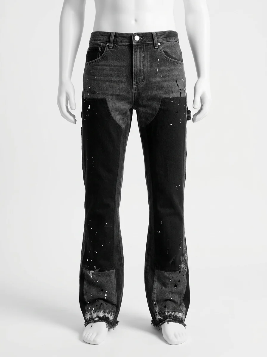 Pantalon flare denim extensible homme patchwork moderne - Vue 1 - Pantalon flare