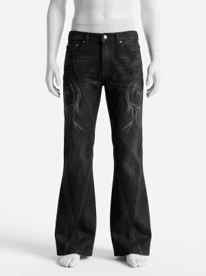 Pantalon flare denim homme broderie tribal style gothique - Vue 1 - Pantalon flare