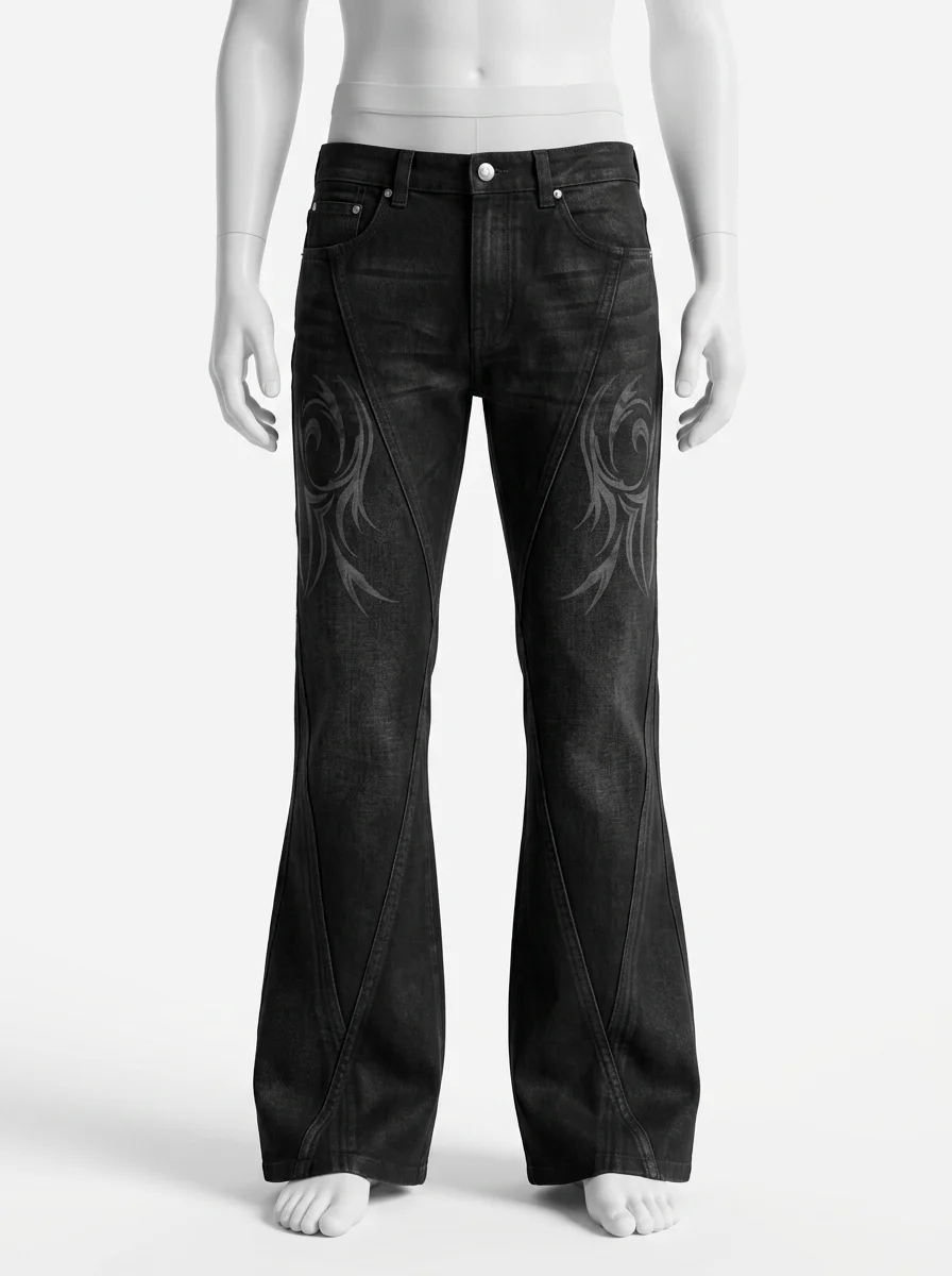 Pantalon flare denim homme broderie tribal style gothique - Vue 1 - Pantalon flare