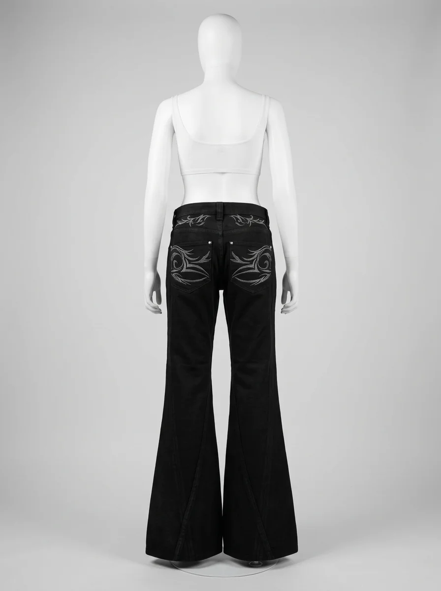 Pantalon flare denim homme broderie tribal style gothique - Vue 2 - Pantalon flare