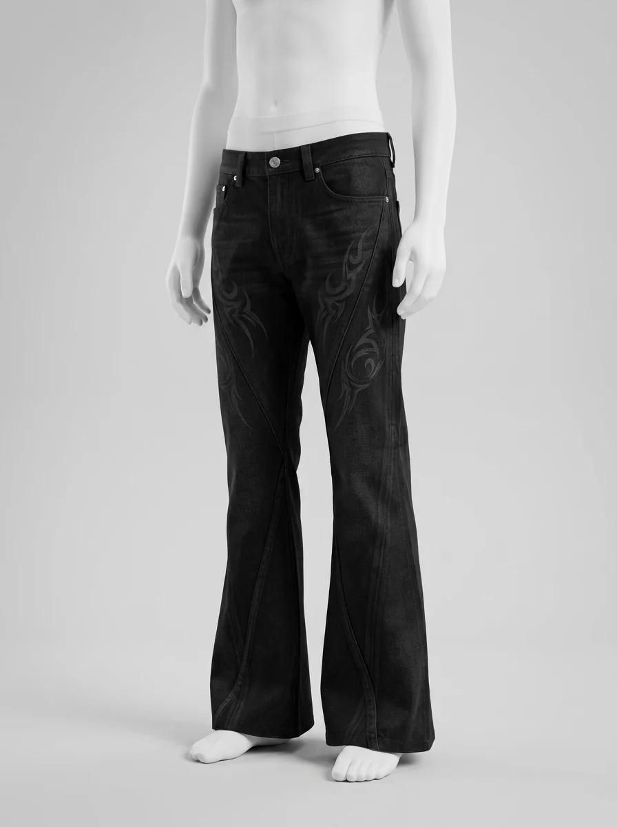 Pantalon flare denim homme broderie tribal style gothique - Vue 3 - Pantalon flare