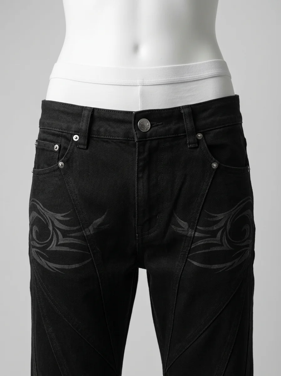Pantalon flare denim homme broderie tribal style gothique - Vue 5 - Pantalon flare