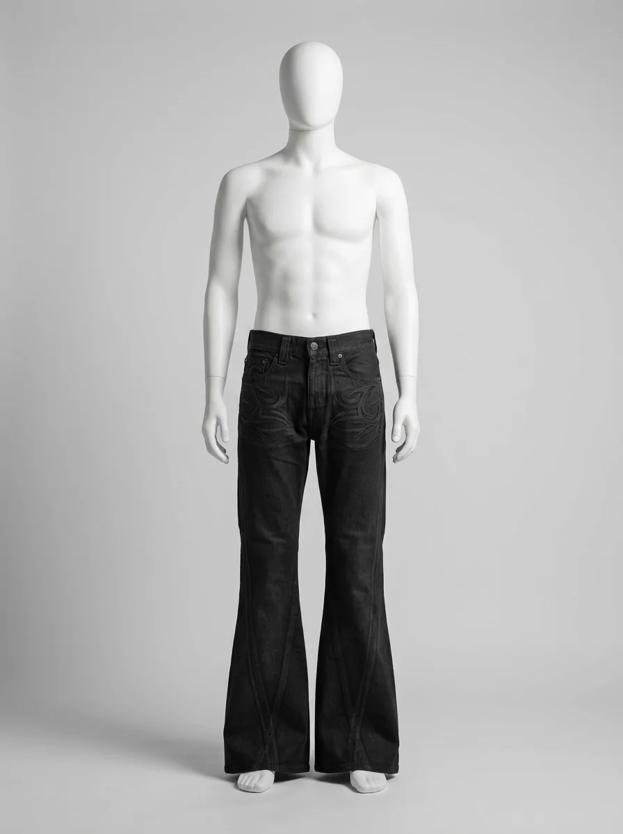 Pantalon flare denim homme broderie tribal style gothique - Vue 7 - Pantalon flare