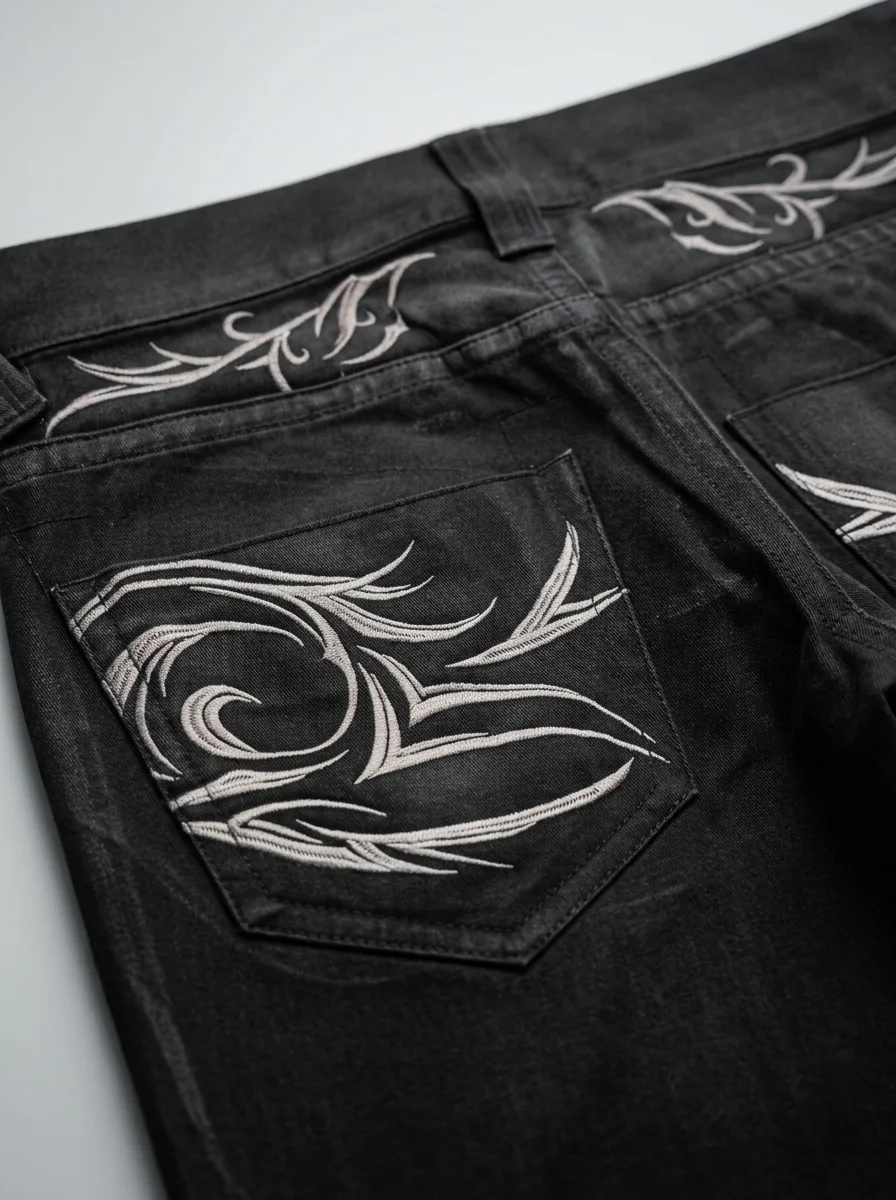 Pantalon flare denim homme broderie tribal style gothique - Vue 8 - Pantalon flare