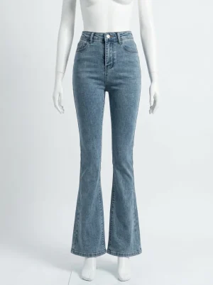 Pantalon flare denim taille haute rétro élastique femme - Vue 1 - Pantalon flare