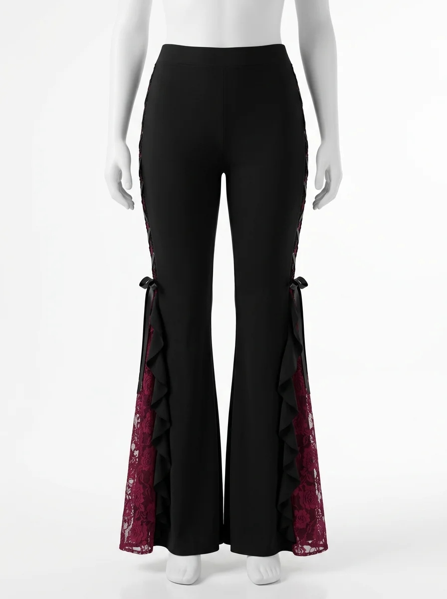 Pantalon flare grande taille gothique dentelle volants femme - Vue 1 - Pantalon flare