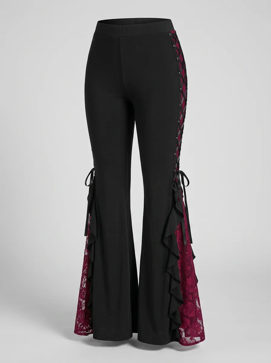 Pantalon flare grande taille gothique dentelle volants femme - Vue 10 - Pantalon flare