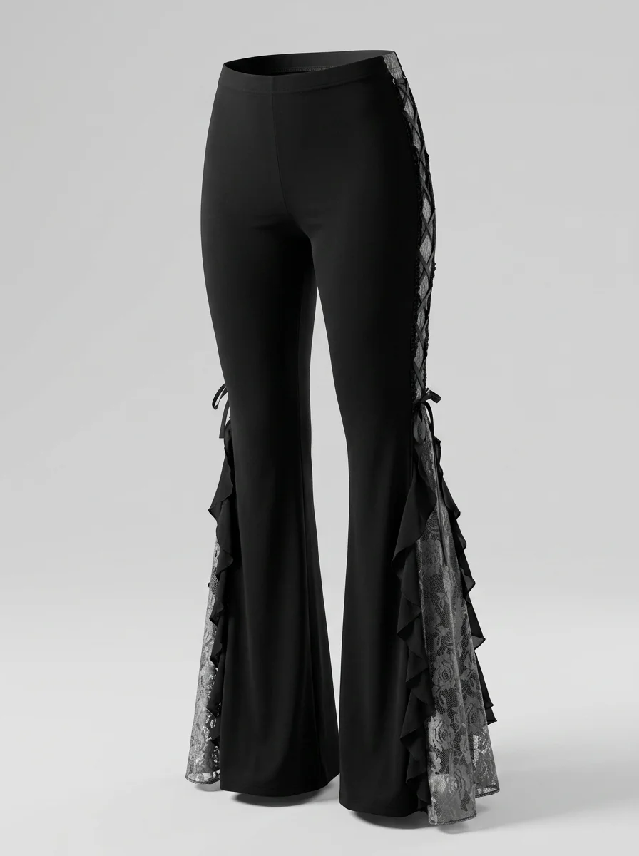 Pantalon flare grande taille gothique dentelle volants femme - Vue 11 - Pantalon flare