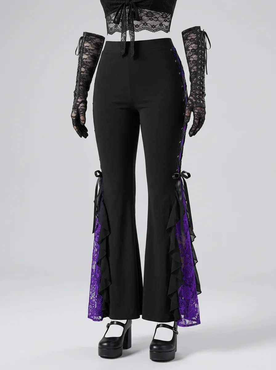Pantalon flare grande taille gothique dentelle volants femme - Vue 13 - Pantalon flare