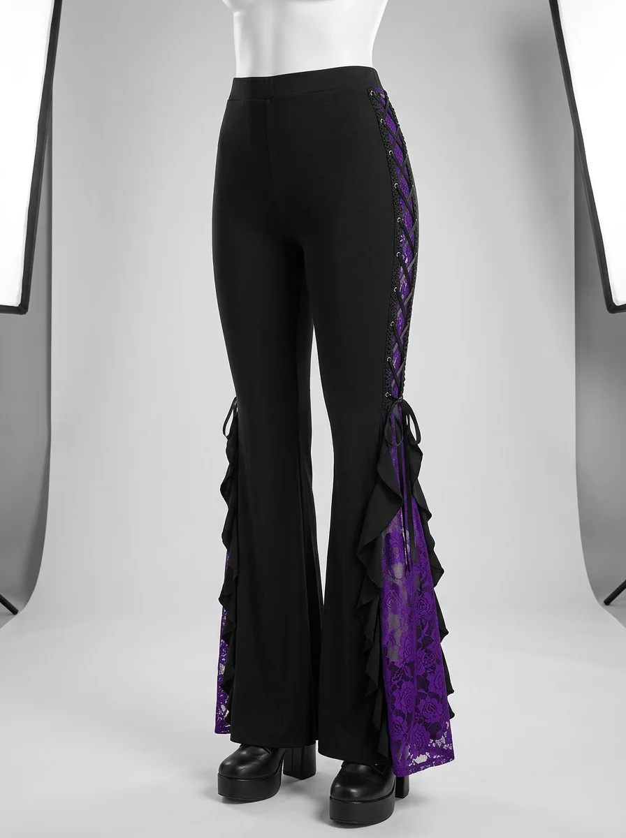 Pantalon flare grande taille gothique dentelle volants femme - Vue 14 - Pantalon flare