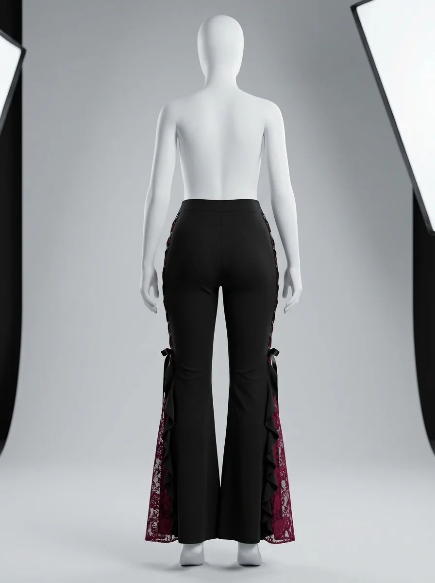 Pantalon flare grande taille gothique dentelle volants femme - Vue 3 - Pantalon flare