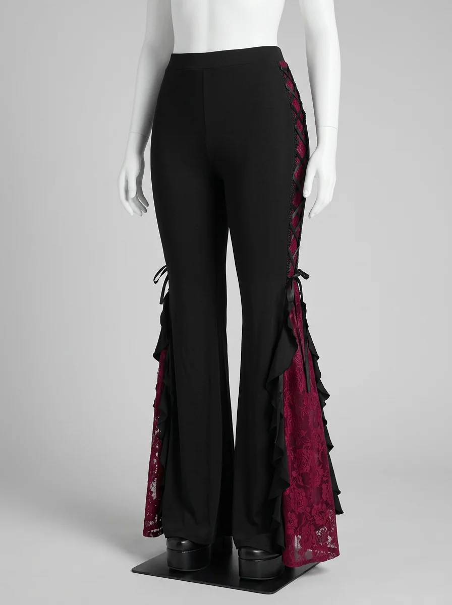 Pantalon flare grande taille gothique dentelle volants femme - Vue 5 - Pantalon flare