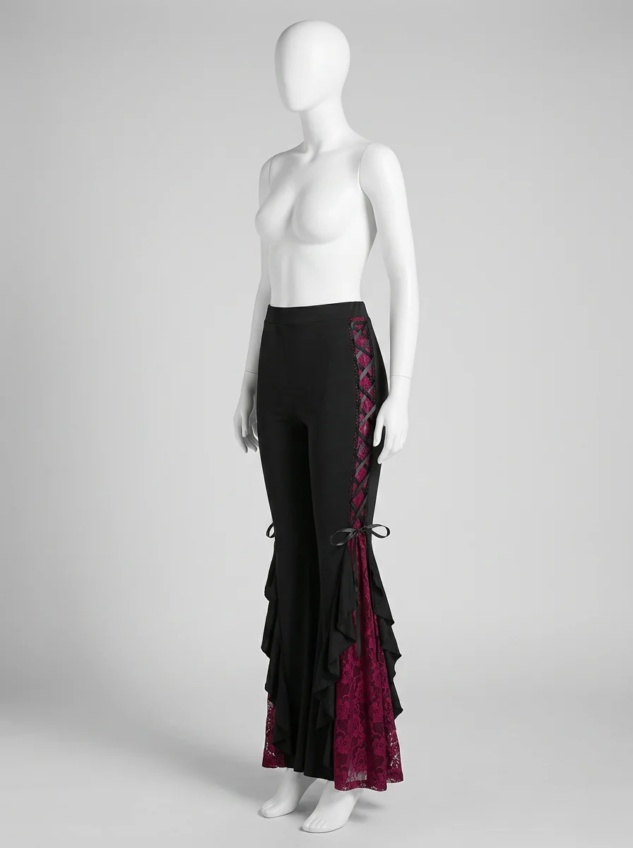 Pantalon flare grande taille gothique dentelle volants femme - Vue 6 - Pantalon flare