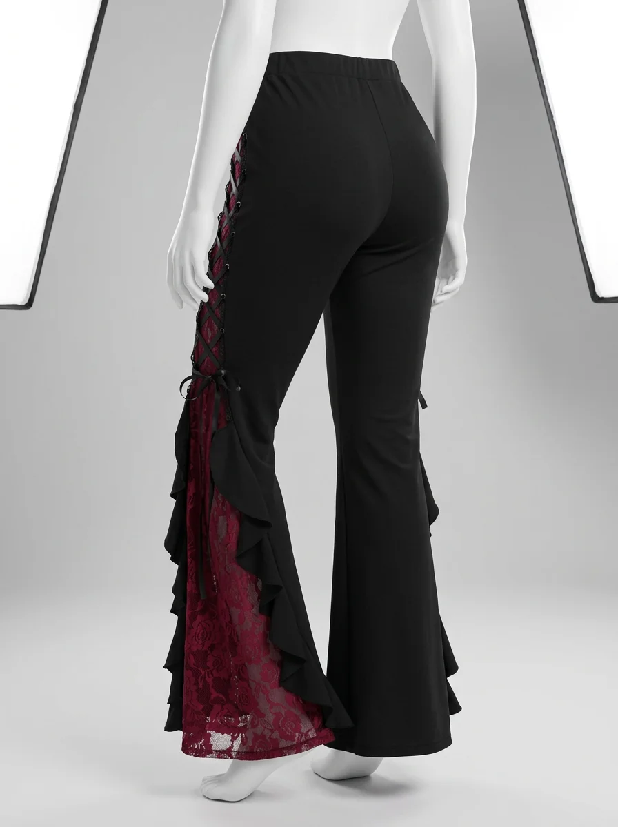 Pantalon flare grande taille gothique dentelle volants femme - Vue 7 - Pantalon flare