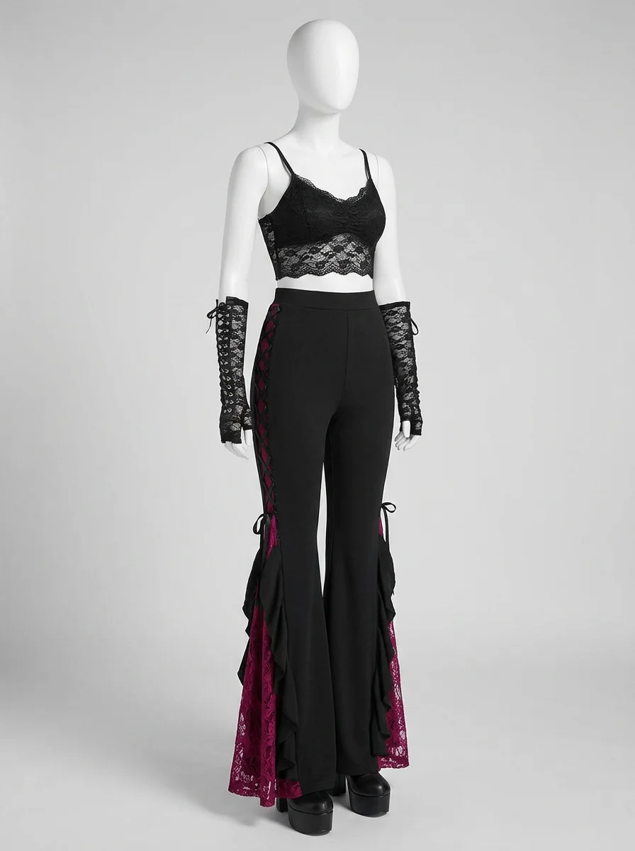 Pantalon flare grande taille gothique dentelle volants femme - Vue 8 - Pantalon flare