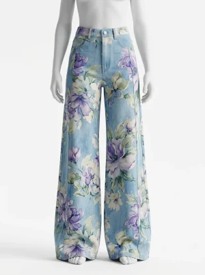 Pantalon flare jambes larges imprimé effet denim femme - Vue 1 - Pantalon flare