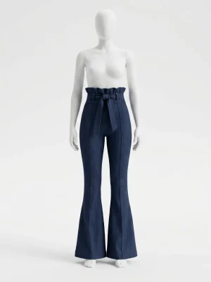 Pantalon flare taille haute lacets femme effet denim - Vue 1 - Pantalon flare